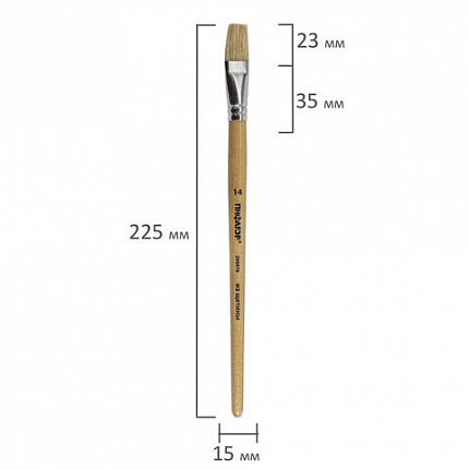Кисть ПИФАГОР, ЩЕТИНА, плоская, № 14, деревянная лакированная ручка, пакет с подвесом, 200876