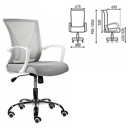 Кресло BRABIX "Wings MG-306", пластик белый, хром, сетка, серое, 532012