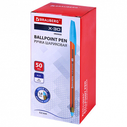 Ручка шариковая BRAUBERG X-30 ORANGE, СИНЯЯ, мягкое письмо, пишущий узел 1 мм, линия письма 0,5 мм, 144333