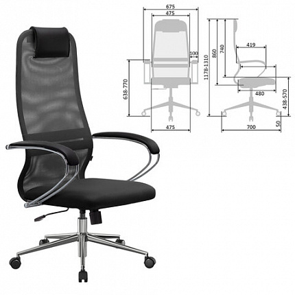 Кресло офисное МЕТТА "SU-B-8" хром, ткань-сетка, сиденье мягкое, черное