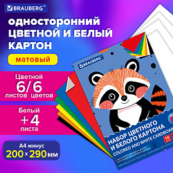Набор картона БЕЛЫЙ + ЦВЕТНОЙ А4 немелованный, 10 листов (белый 4 листа + цветной 6 листов), в папке, BRAUBERG, 116631