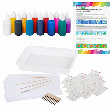 ЭБРУ набор для рисования на воде 12 цветов по 20 мл (120 картин), лоток А4, BRAUBERG HOBBY, 665356