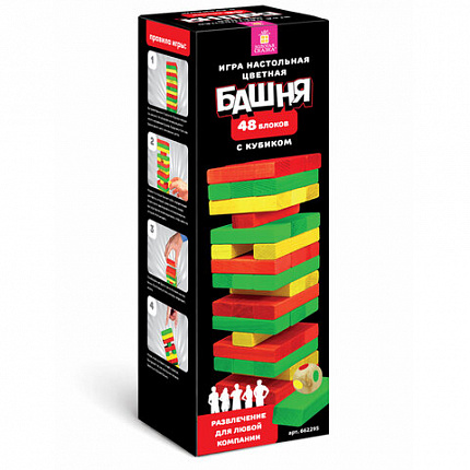 Игра настольная "ЦВЕТНАЯ БАШНЯ", 48 окрашенных деревянных блоков + кубик, ЗОЛОТАЯ СКАЗКА, 662295