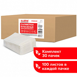 Салфетки бумажные для диспенсера, LAIMA (N2) PREMIUM, 1-слойные, КОМПЛЕКТ 30 пачек по 100 шт., 17x15,5 см, белые, 112509