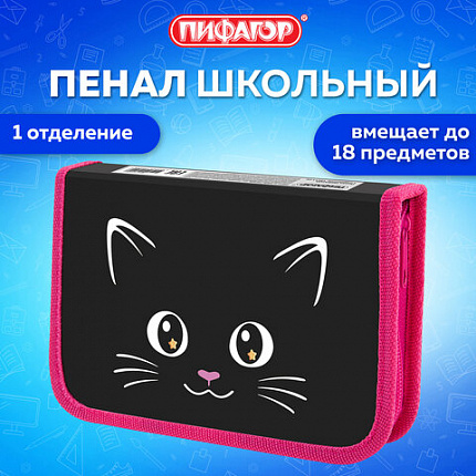 Пенал ПИФАГОР, 1 отделение, ламинированный картон, 19х11 см, "Dark kitten", 273467