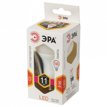 Лампа светодиодная ЭРА, 11 (100) Вт, цоколь E27, груша, теплый белый свет, 25000 ч., LED, smdA60-10w-827-E27, Б0020532