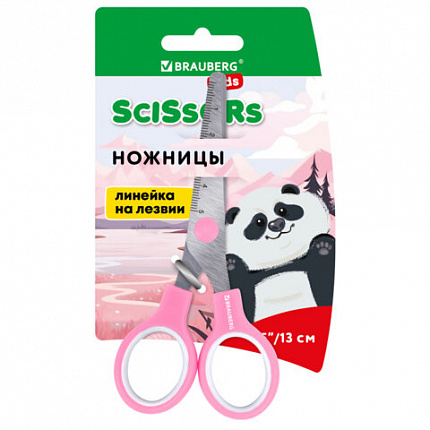 Ножницы BRAUBERG KIDS 130 мм, ручки розовые, закругленные лезвия с линейкой, 274063
