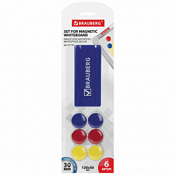 Набор для магнитно-маркерной доски (магнитный стиратель, магниты 30 мм - 6 шт., цвет ассорти), блистер, BRAUBERG, 231158