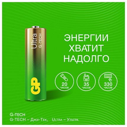 Батарейки КОМПЛЕКТ 2 шт., GP Ultra G-Tech, AA (LR6,15А), алкалиновые, пальчиковые, 15AUA21-2CRSBC2
