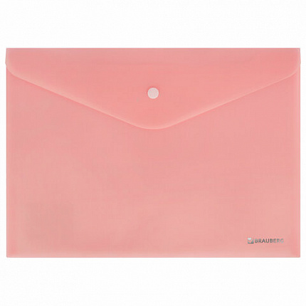 Папка-конверт с кнопкой BRAUBERG "Pastel", А4, матовая непрозрачная, персиковая, ПРОЧНАЯ 0,2 мм, 272882
