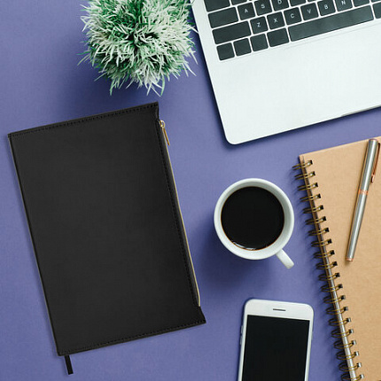 Ежедневник недатированный А5 145х220 мм, BRAUBERG "Zipline" под кожу, карман-молния,160 л., черный, 116247