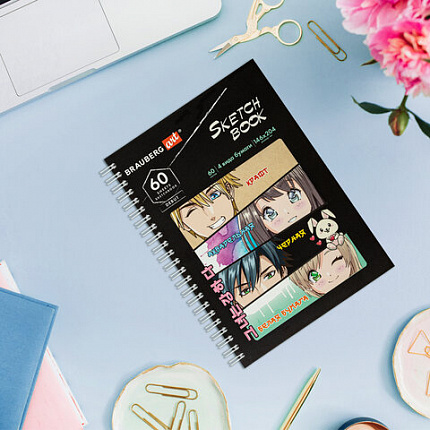 Скетчбук, 4 типа бумаги (акварельная, белая, черная, крафт) 146х204 мм, 60 л., гребень, BRAUBERG ART, АНИМЕ, 115066