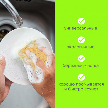 Губки для посуды 9,5х6,5х2 см, КОМПЛЕКТ 2 шт., ЦЕЛЛЮЛОЗНЫЕ (губчатые), LAIMA К1000, 601590