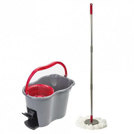Швабра с отжимом и ведром 14л/7л, центрифуга отжим педалью, 2 круглые насадки, крепление кольцо, серо-красный, LAIMA, 603622