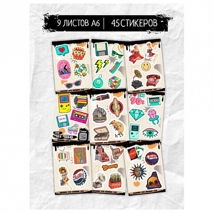 Наклейки виниловые, 45-78 шт., 9 листов, А6, "ЯРКИЕ ДИЗАЙНЫ", АССОРТИ, NALEPKING