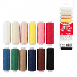 Нитки швейные 45 ЛЛ, 150 м, полиэстер, НАБОР 12 цветов, DEVELIA (Девелиа), 609618