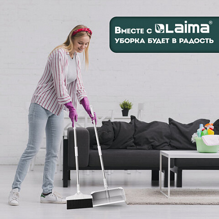 Совок для мусора КОМПЛЕКТ щетка + рукоятки 59-93см телескоп, регулируемый угол щетки, крепление тряпок, бело-серый, колорбокс, LAIMA, 608952