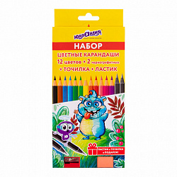 Карандаши цветные ЮНЛАНДИЯ "МОНСТРИК", 12 цветов + 2 чернографитных карандаша + ЛАСТИК + ТОЧИЛКА, шестигранные, натуральное дерево, 181690