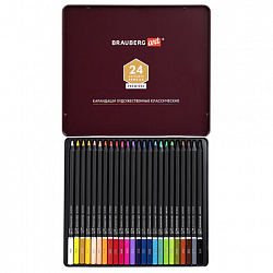 Карандаши цветные художественные BRAUBERG ART PREMIERE, 24 цвета, МЯГКИЙ грифель 4 мм, металл, 181541