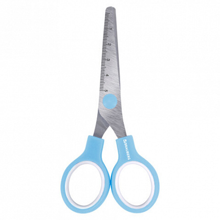 Ножницы BRAUBERG KIDS 130 мм, ручки небесно-голубые, закругленные лезвия с линейкой, 274060