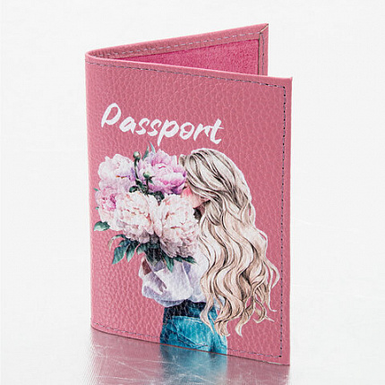 Обложка для паспорта натуральная кожа флоттер, принт "Девушка", цвет пудрово-розовый, BRAUBERG, 238868