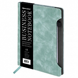 Блокнот А5 165x218 мм, BRAUBERG "Perfect", под кожу софт-тач, держатель для ручки, 80 листов, клетка, серо-голубой, 116615