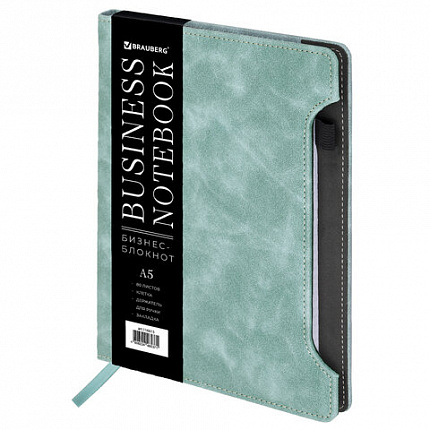 Блокнот А5 165x218 мм, BRAUBERG "Perfect", под кожу софт-тач, держатель для ручки, 80 листов, клетка, серо-голубой, 116615