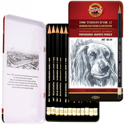 Карандаши чернографитные KOH-I-NOOR, НАБОР 12 шт., "Toison D'or", 8B-2H, без резинки, металлическая коробка, 1912012001PLRU