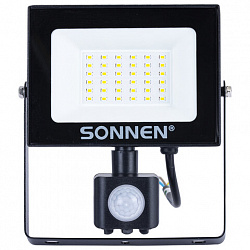 Прожектор светодиодный с датчиком движения 30 Вт, 6500 К, 2400 Лм, 30 м2, IP65, 161х146х51 мм, черный, SONNEN, 238417