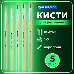 Кисти BRAUBERG, набор 5 шт. (пони, круглые № 1, 2, 3, 4, 5), блистер, 200222