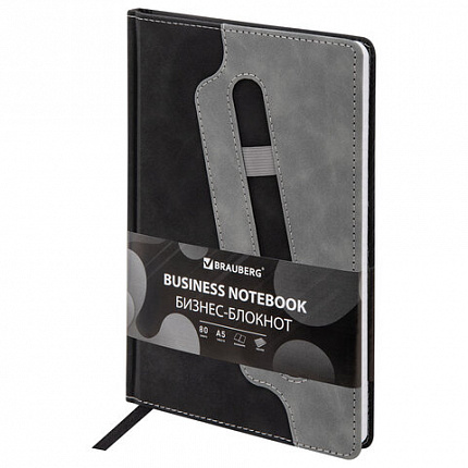 Блокнот А5 148x218 мм BRAUBERG "Assistant", под кожу, 80 листов, держатель, клетка, черный, 118630