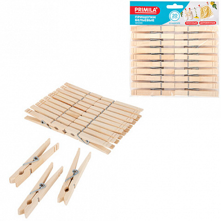 Прищепки бельевые 8,4 см, КОМПЛЕКТ 20 штук, дерево, PRIMILA (ПРИМИЛА) WOOD, 700513