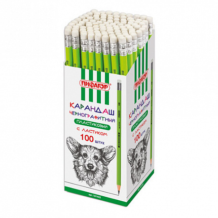 Карандаш чернографитный ПИФАГОР, 1 шт., НВ, пластиковый, корпус салатовый, с ластиком, 181445