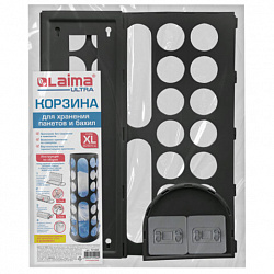 Корзина / диспенсер для хранения пакетов и бахил БОЛЬШАЯ 45х16х13 см, крючки-крепеж в комплекте, черная, LAIMA ULTRA, 701665