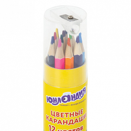 Карандаши цветные ЮНЛАНДИЯ "МИР ЖИВОТНЫХ", 12 цветов, классические в тубусе с точилкой, 181374