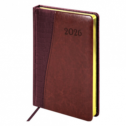 Ежедневник датированный 2026, А5, 138x213 мм, BRAUBERG "Cayman", под кожу, бордовый/коричневый, 117044