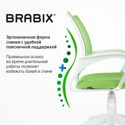 Кресло BRABIX "Fly MG-396W", с подлокотниками, пластик белый, сетка, салатовое, 532403, MG-396W_532403