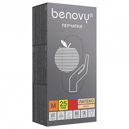 Перчатки латексные смотровые 25 пар (50 штук), прочные, размер 7-8, M (средний), BENOVY High Risk