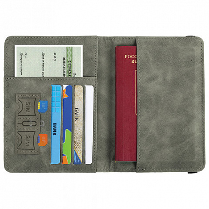 Обложка для паспорта и документов с защитой от считывания, 9 карманов, резинка, экокожа, серая, BRAUBERG, 238749