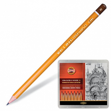 Карандаши чернографитные KOH-I-NOOR 1500, НАБОР 24 шт., 8В-10H, без резинки, металлическая коробка, 1504024001PL