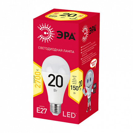 Лампа светодиодная ЭРА, 20(150)Вт, цоколь Е27, груша, теплый белый, 25000 ч, LED A65-20W-2700-E27, Б0050687