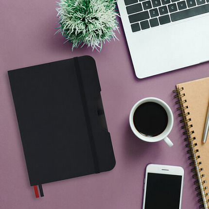 Блокнот А5 (162х218 мм), BRAUBERG "NOTE", под кожу софт-тач, с резинкой, 80 л., клетка, черный, 113437