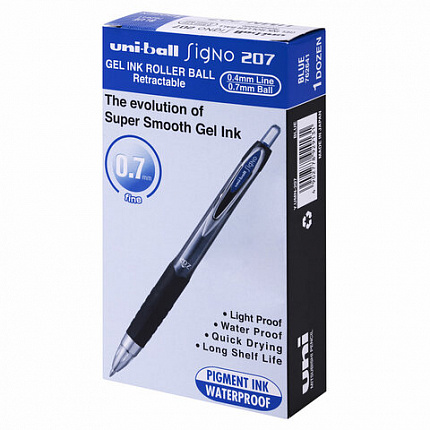 Ручка гелевая автоматическая UNI-BALL (Япония) "Signo", СИНЯЯ, корпус тонированный, узел 0,7 мм, линия письма 0,4 мм, UMN-207 BLUE