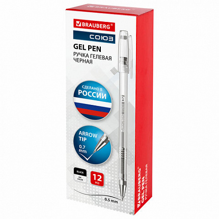 Ручка гелевая РОССИЯ "СОЮЗ", ЧЕРНАЯ, корпус прозрачный, 0,7 мм, линия письма 0,35 мм, BRAUBERG, 143963