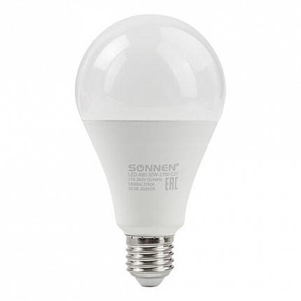 Лампа светодиодная SONNEN, 20 (150) Вт, цоколь Е27, груша, теплый белый, 30000 ч, LED A80-20W-2700-E27, 454921
