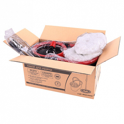 Швабра с отжимом и ведром 7л/5л отжим центрифуга / рукоятка, 2 круглые насадки, крепление кольцо, черный, LAIMA 607487