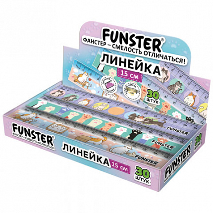 Линейка пластиковая 15 см, FUNSTER, "КОТЫ", ассорти, дисплей, 210918