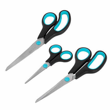 Ножницы BRAUBERG SOFT GRIP, НАБОР 3 штуки (140, 190, 230 мм), эргономичные черно-бирюзовые ручки, ВЫГОДНАЯ УПАКОВКА, 238411