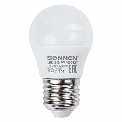 Лампа светодиодная SONNEN, 7 (60) Вт, цоколь E27, шар, нейтральный белый свет, 30000 ч, LED G45-7W-4000-E27, 453704