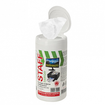 Салфетки для экранов всех типов и пластика универсальные STAFF "EVERYDAY", 13х15 см, туба 100 шт., влажные, 511518